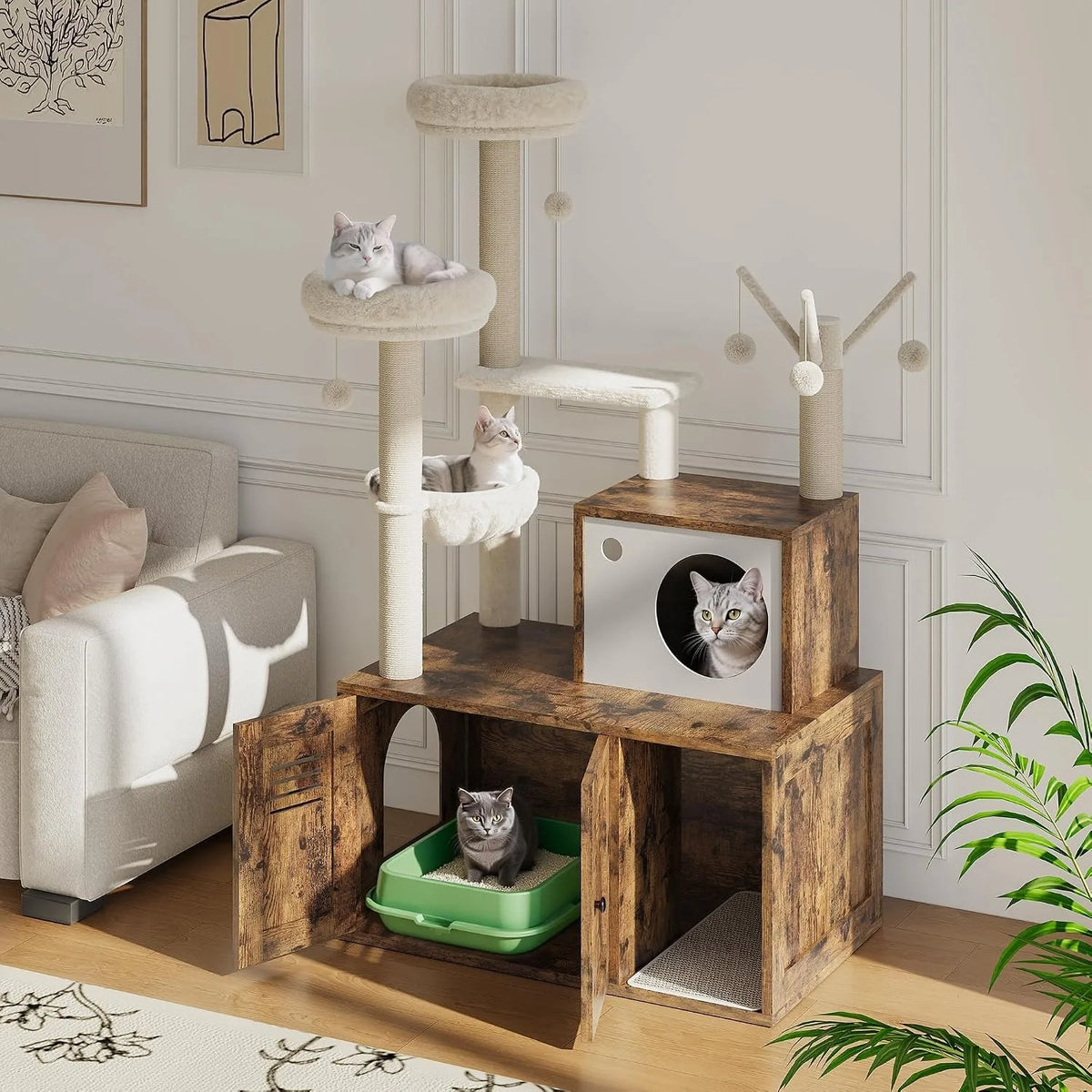 Modern Cat Tower With Hidden Litter Box And Scratching Posts