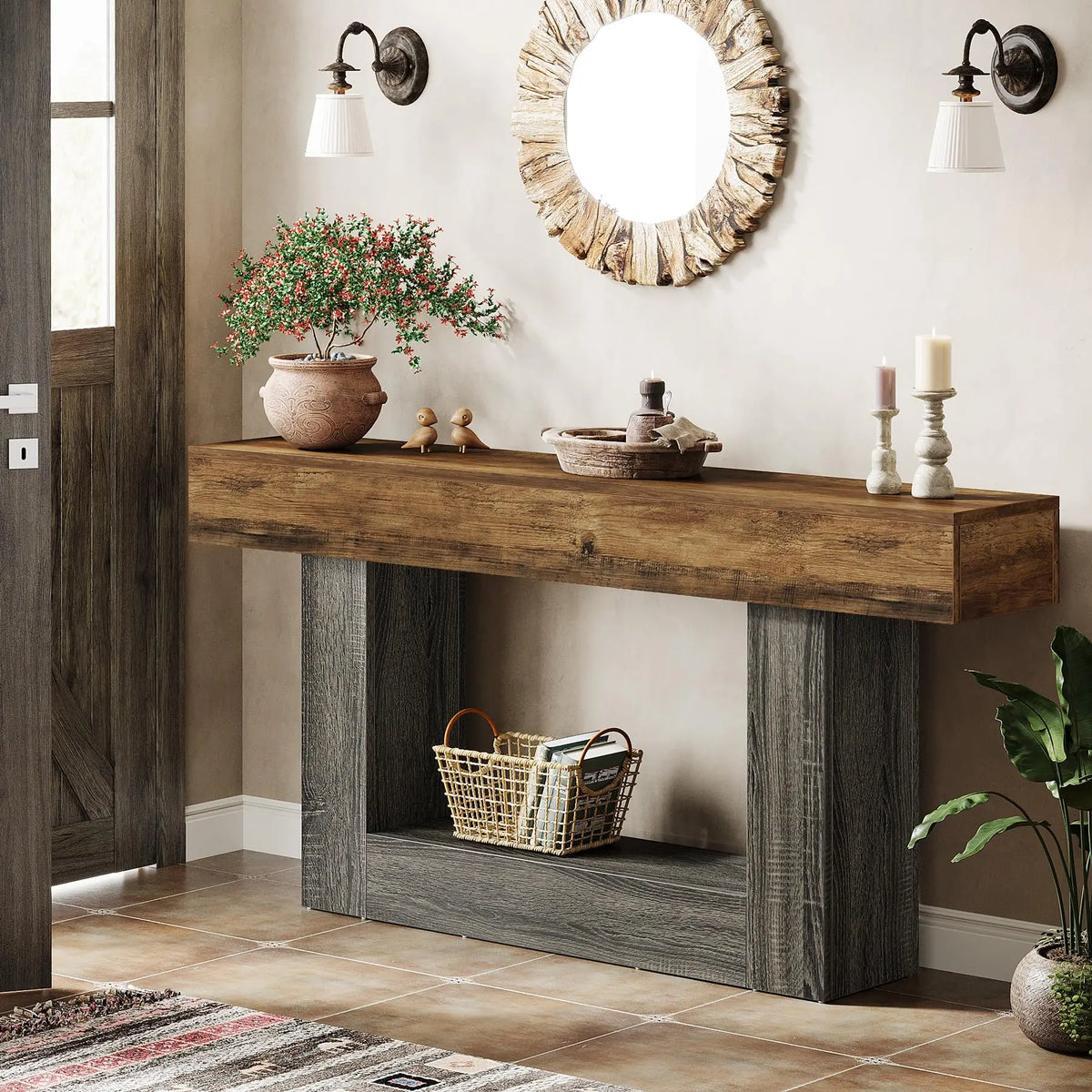 Tribesigns Farmhouse Two Tier Console Table With U Shaped Base