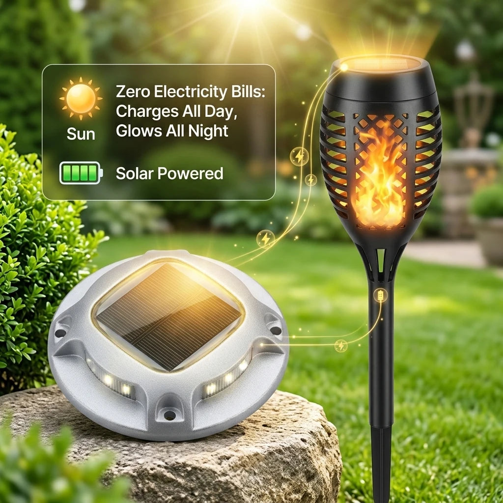Solar Outdoor Flickering Flame Torch And Warm White Ground Lights