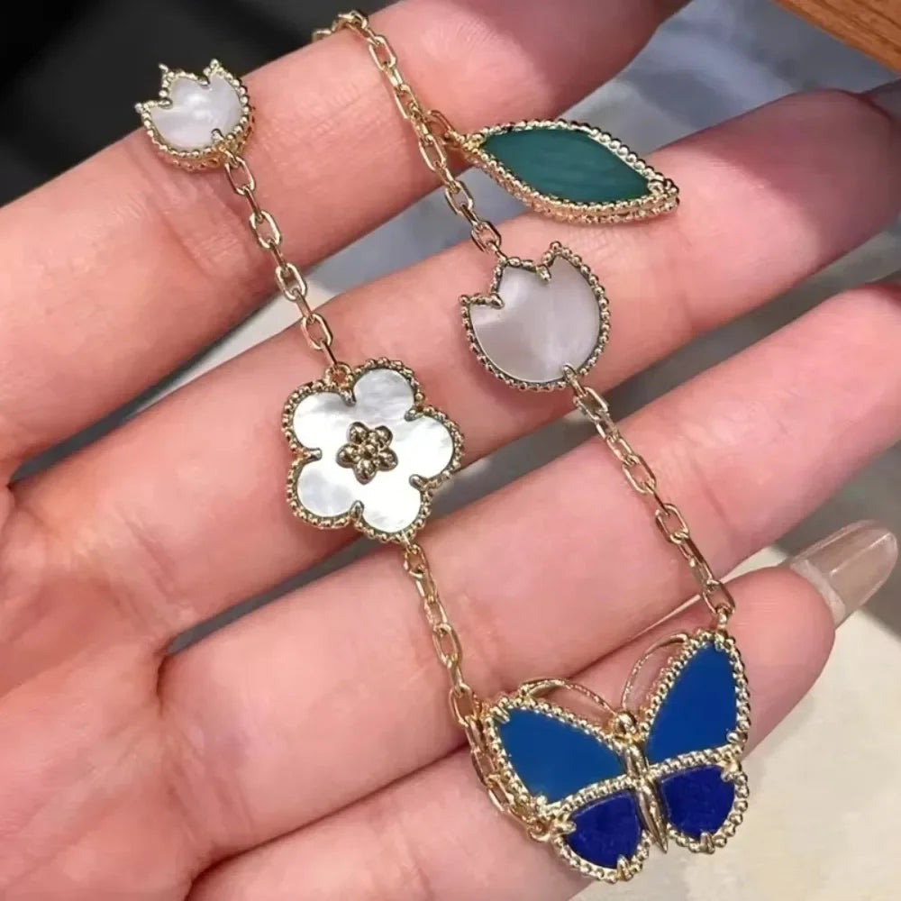 Retro Butterfly Flower Seashell Inlaid Chain Link Bracelet for Women