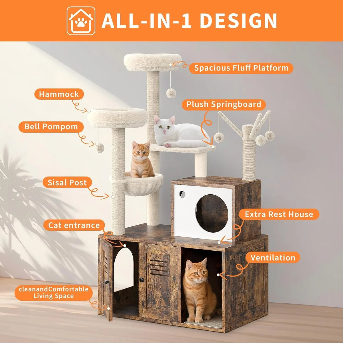 Modern Cat Tower With Hidden Litter Box And Scratching Posts