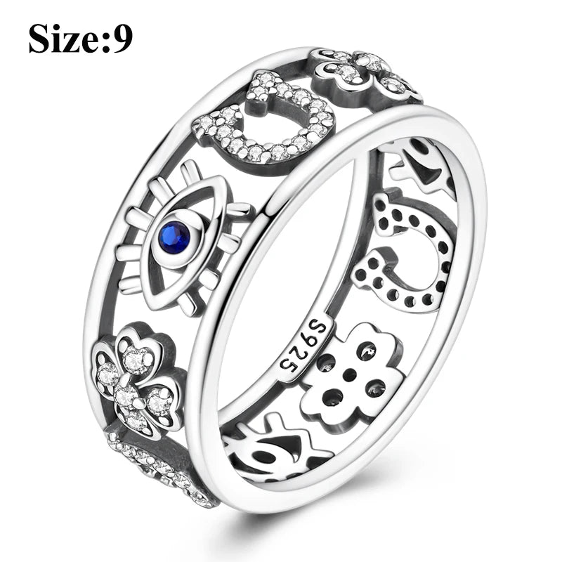 MULA Sterling Silver Evil Eye Clover Celtic Knot Wedding Band Ring