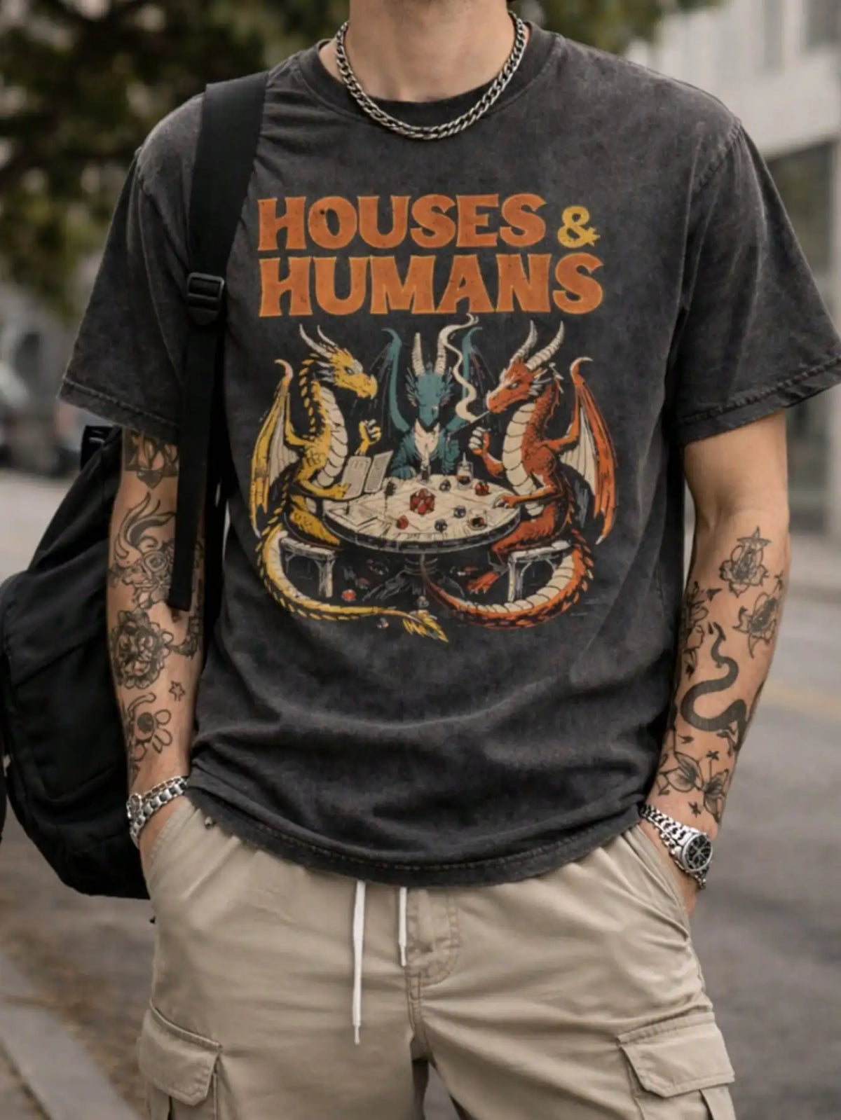 Mens Fantasy Dice Dragon Battle Graphic T Shirt For Gamers