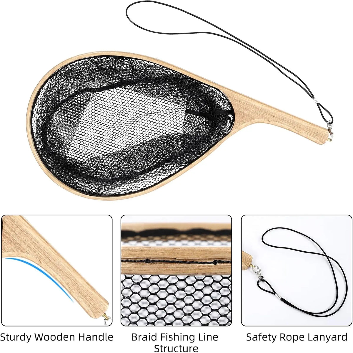 Lightweight Handheld Wooden Fishing Net For Trout And Bass