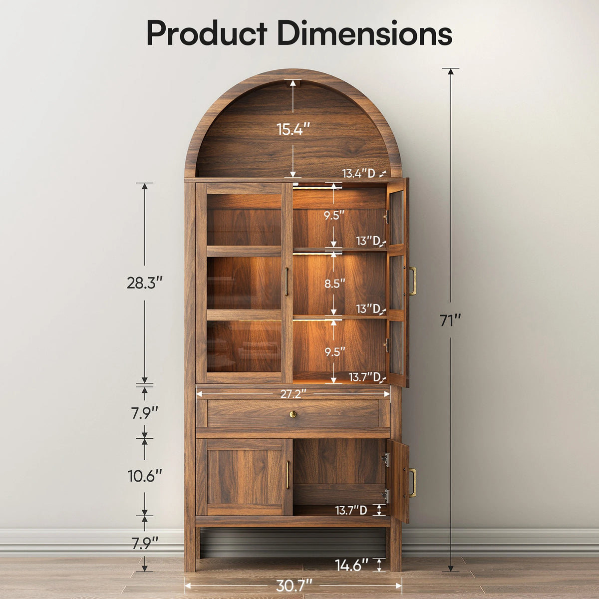 Cottinch Arched Storage Cabinet With Adjustable Shelves And LED Lighting