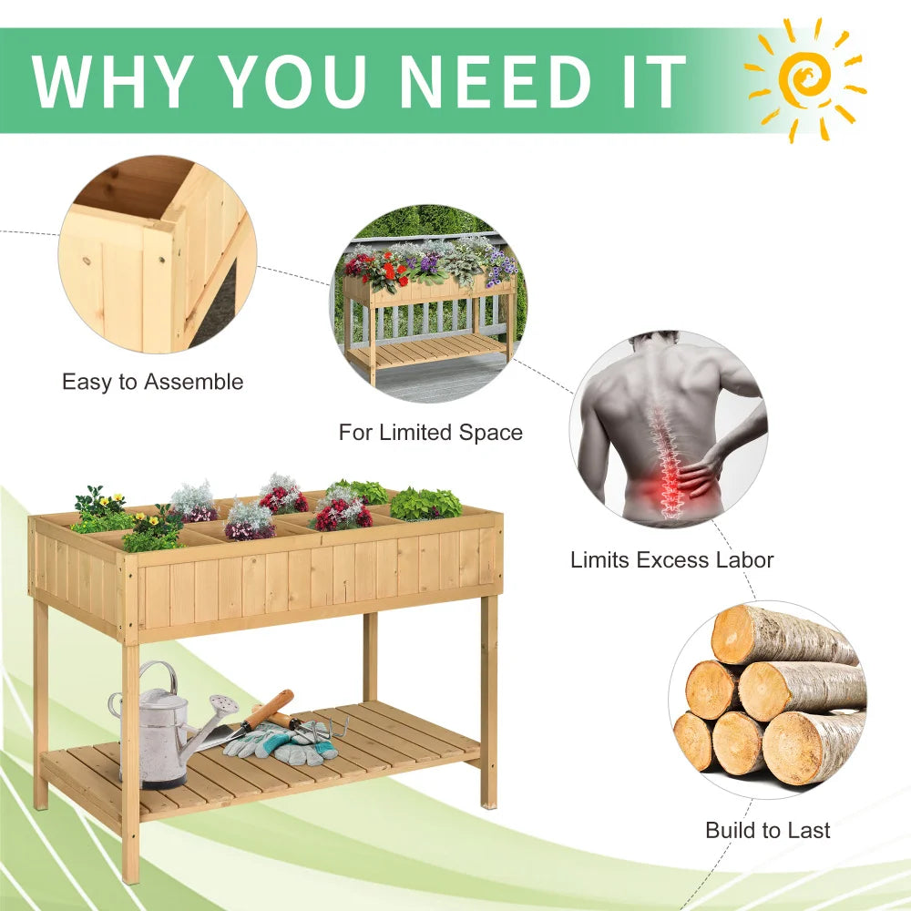 Wooden Raised Garden Bed With Eight Pockets And Shelf