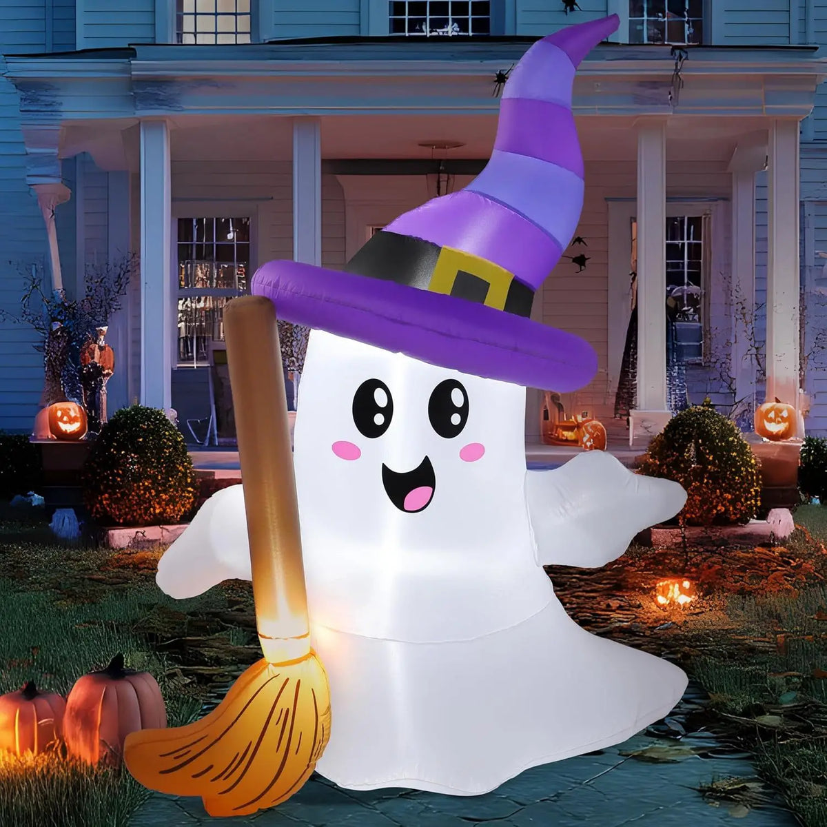 Halloween Blow Up Ghost with Broom LED Outdoor Yard Inflatables