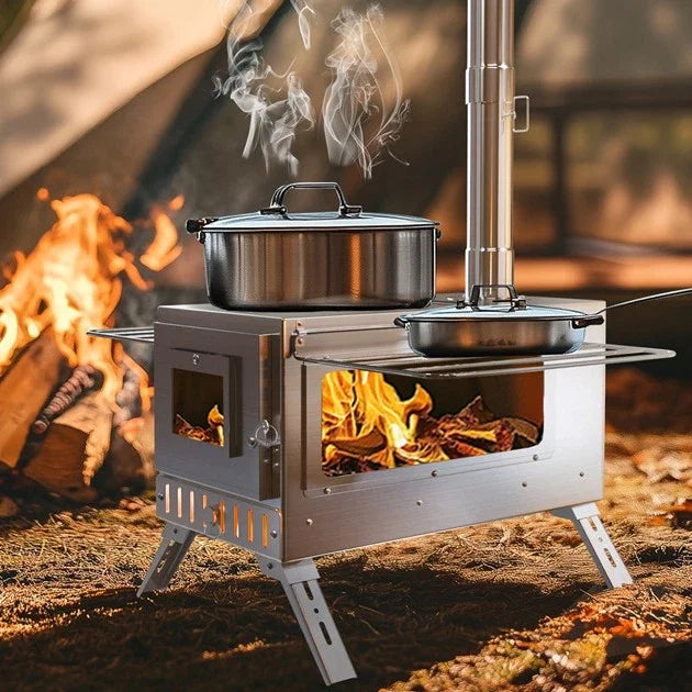 Portable Wood Burning Tent Stove With Chimney Pipes For Heating and Cooking