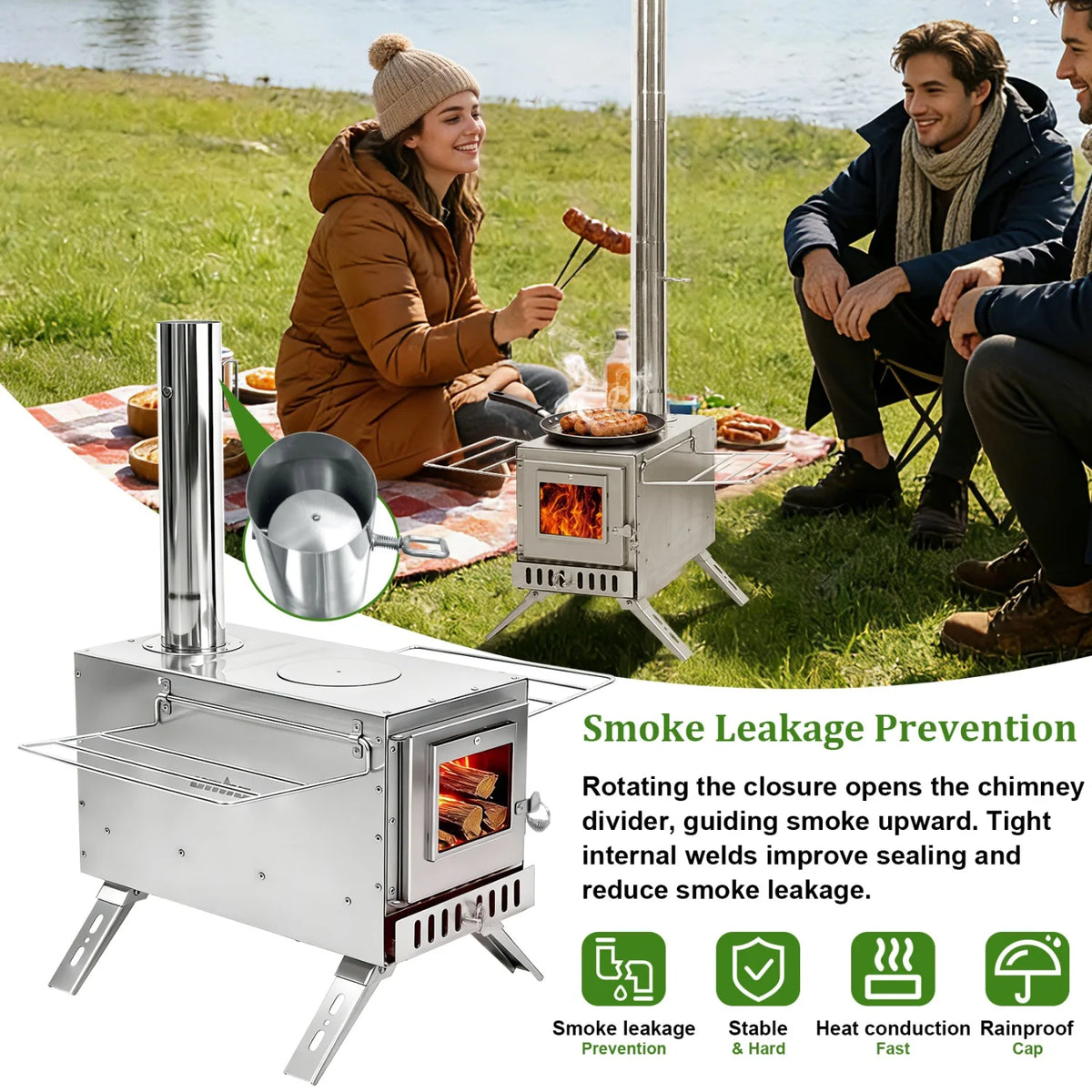 Portable Stainless Steel Wood Stove for Camping Cooking and Heating
