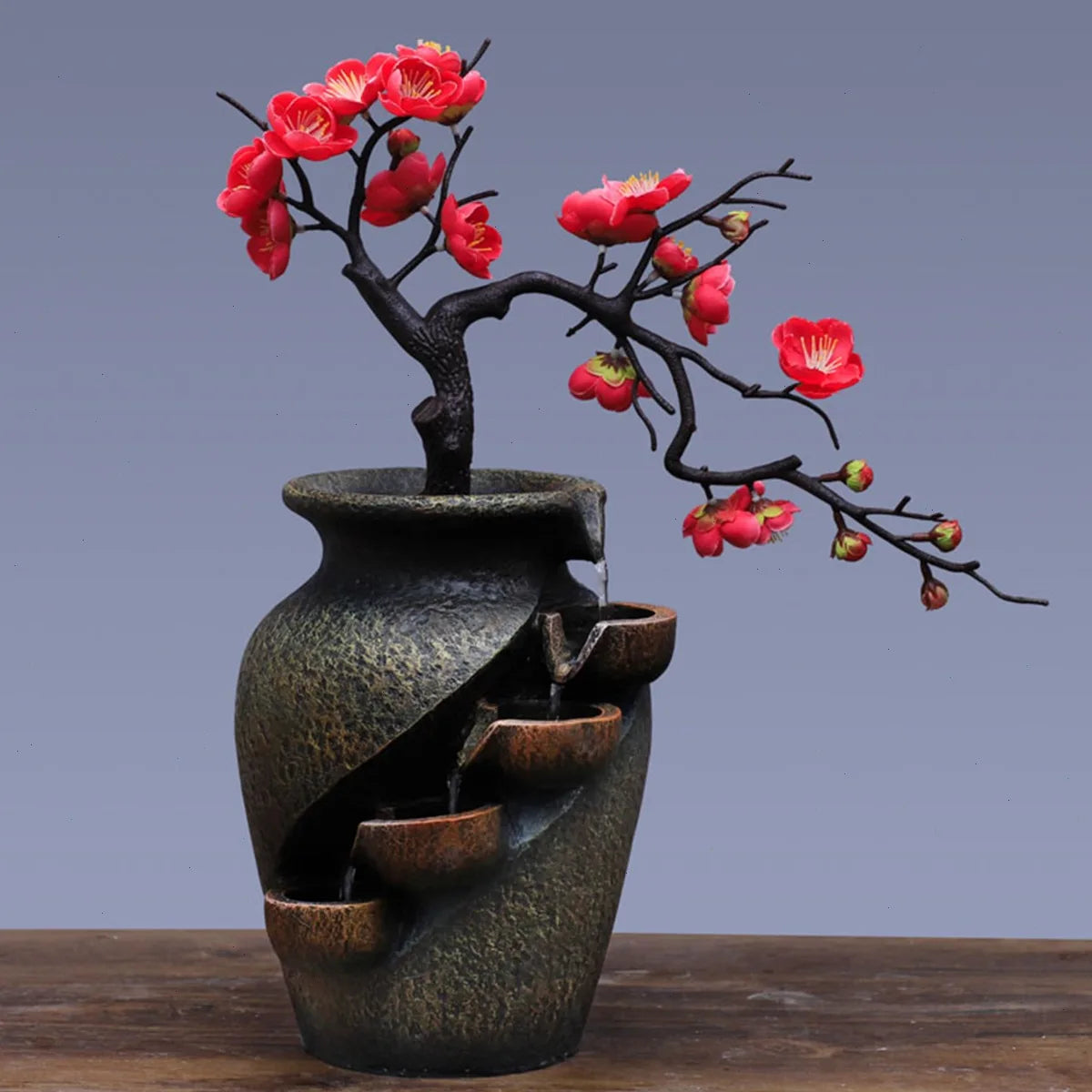 Byamaocar Tabletop Water Fountain With Simulated Flowers Indoor Decor