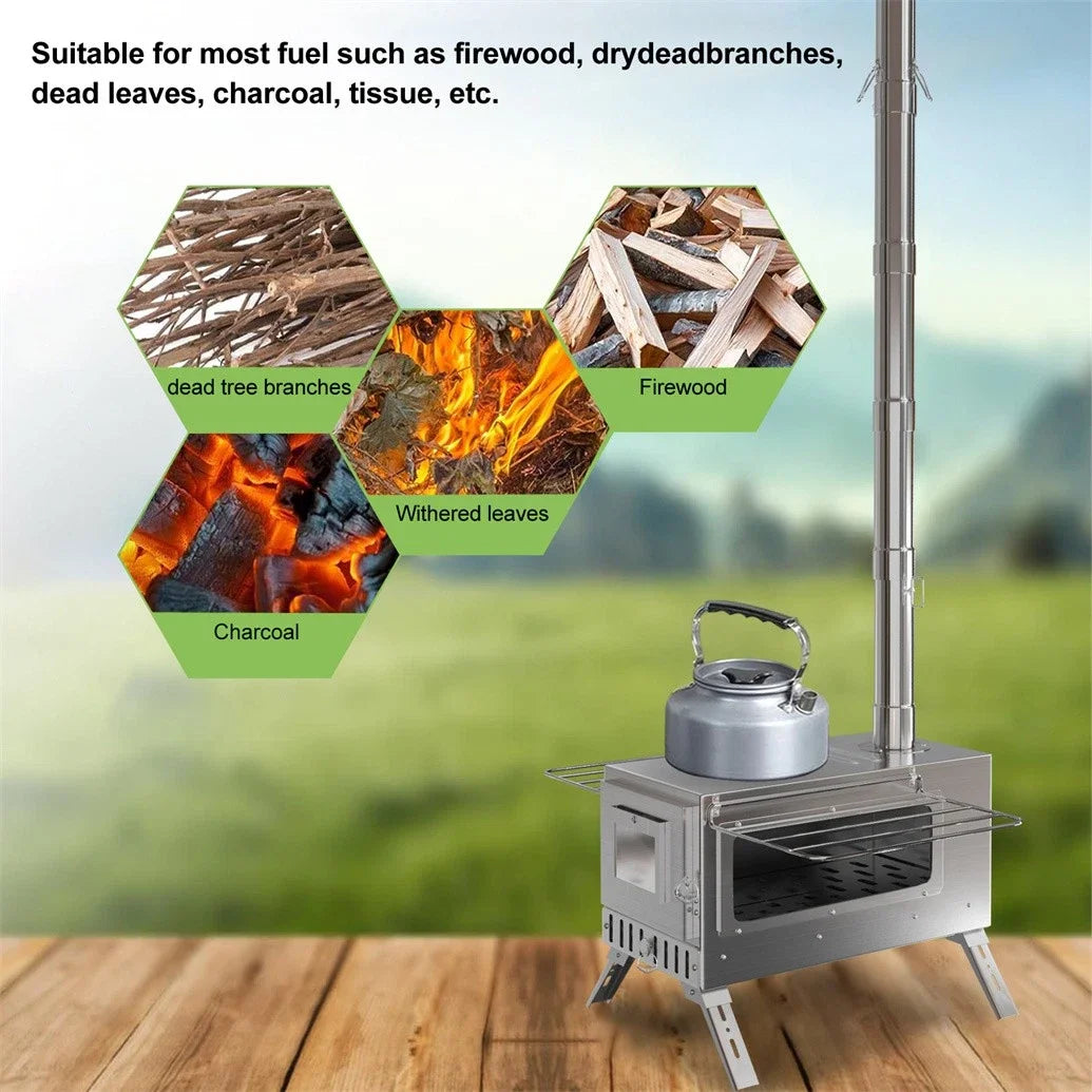 Portable Wood Burning Tent Stove With Chimney Pipes For Heating and Cooking