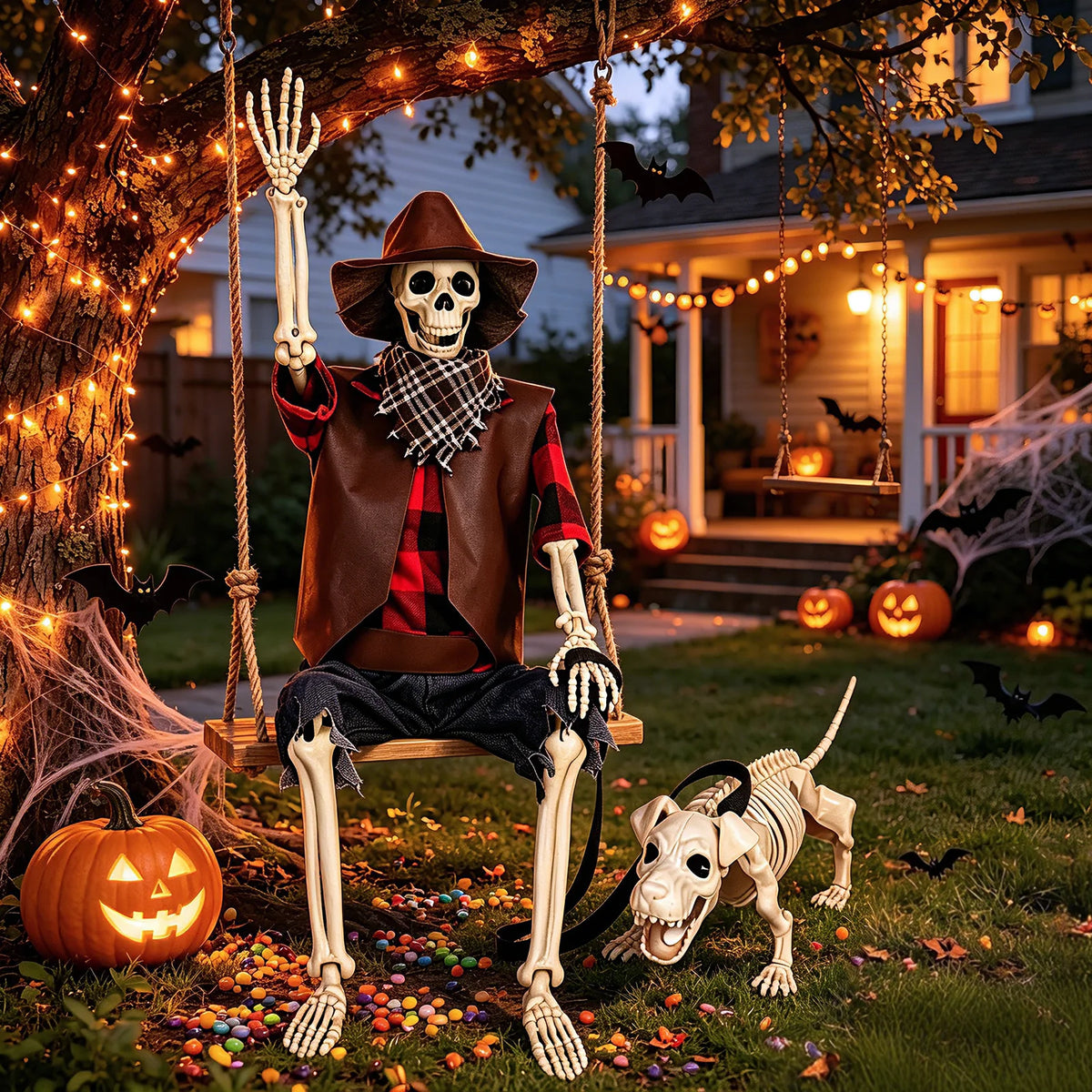 Western Cowboy Posable Skeleton Plastic Halloween Outdoor Indoor Decor