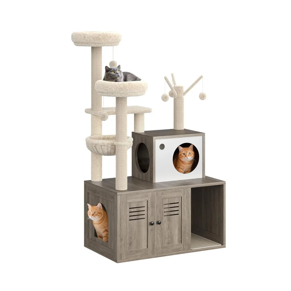 Modern Cat Tower With Hidden Litter Box And Scratching Posts
