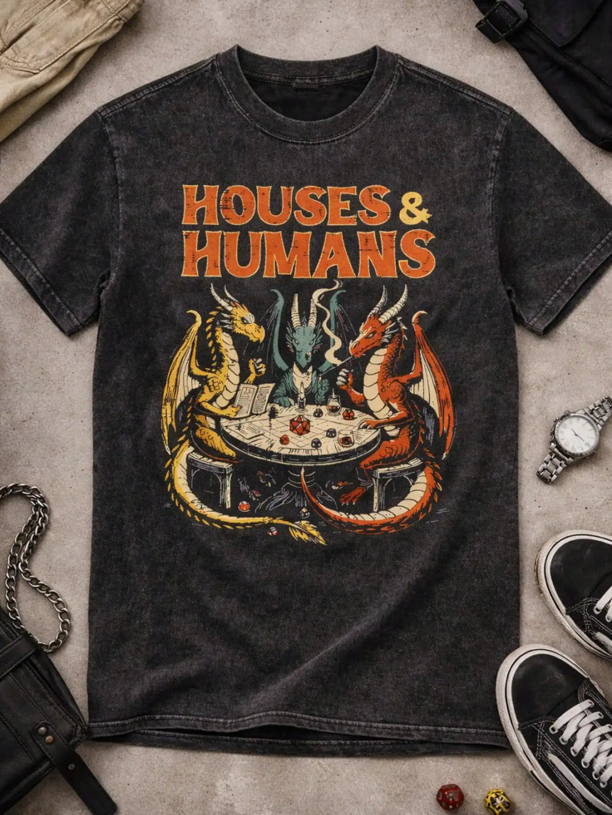 Mens Fantasy Dice Dragon Battle Graphic T Shirt For Gamers