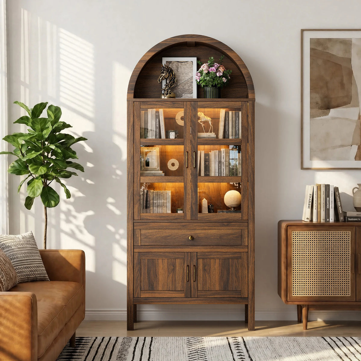 Cottinch Arched Storage Cabinet With Adjustable Shelves And LED Lighting