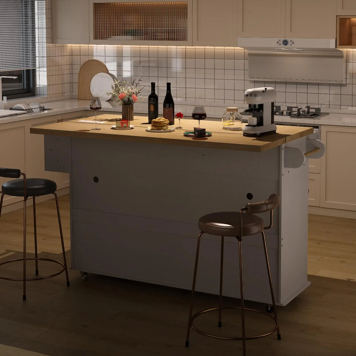 ONBRILL Rolling Kitchen Island Cart With Drop Leaf Power Outlet