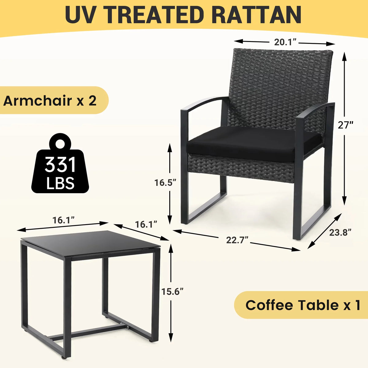 TUAREX Outdoor Wicker Bistro Set With Coffee Table And Cushions