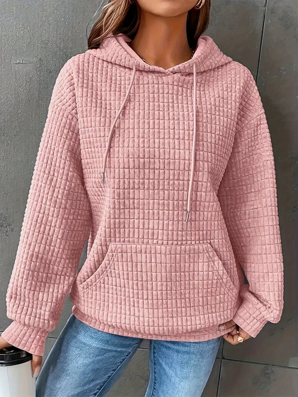 Women's Waffle Knit Pullover Hoodie With Kangaroo Pocket