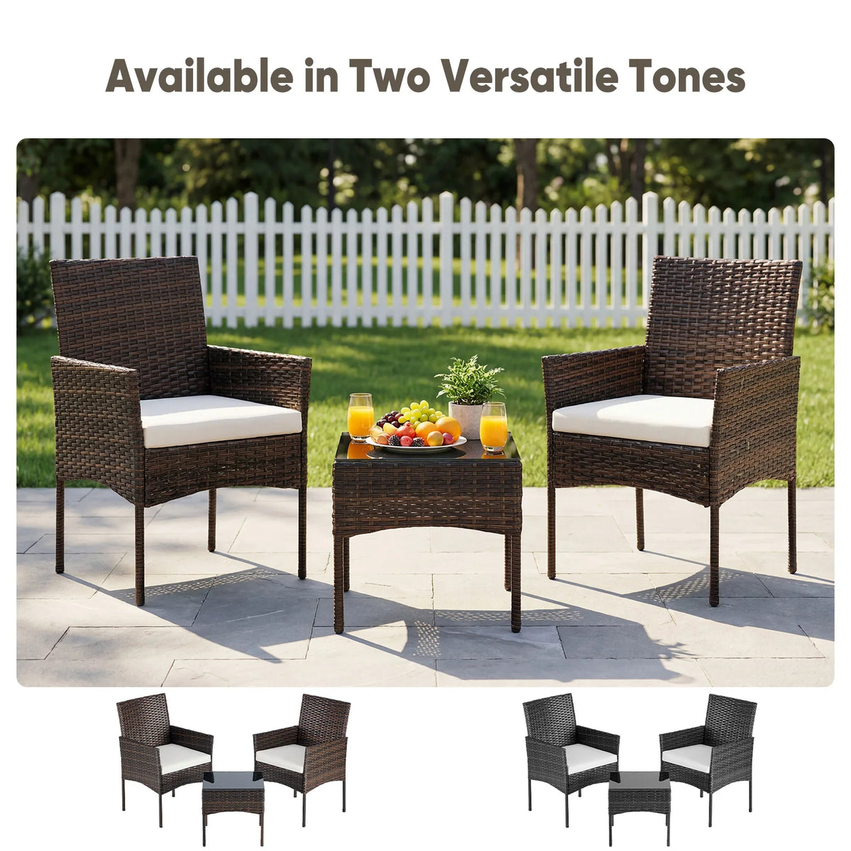 JHK Wicker Patio Bistro Set With Cushions And Glass Table