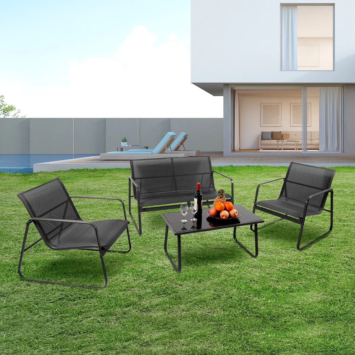 JHK Outdoor Patio 4 Piece Metal Sectional Set With Table