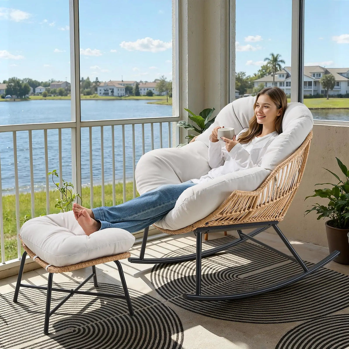 ONBRILL Rattan Papasan Rocking Chair And Ottoman Indoor Outdoor Lounge