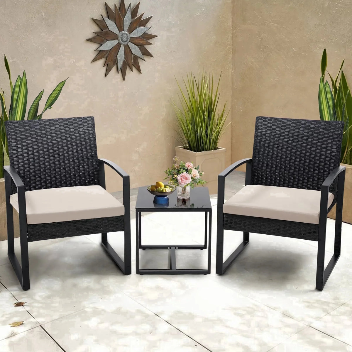 TUAREX Outdoor Wicker Bistro Set With Coffee Table And Cushions