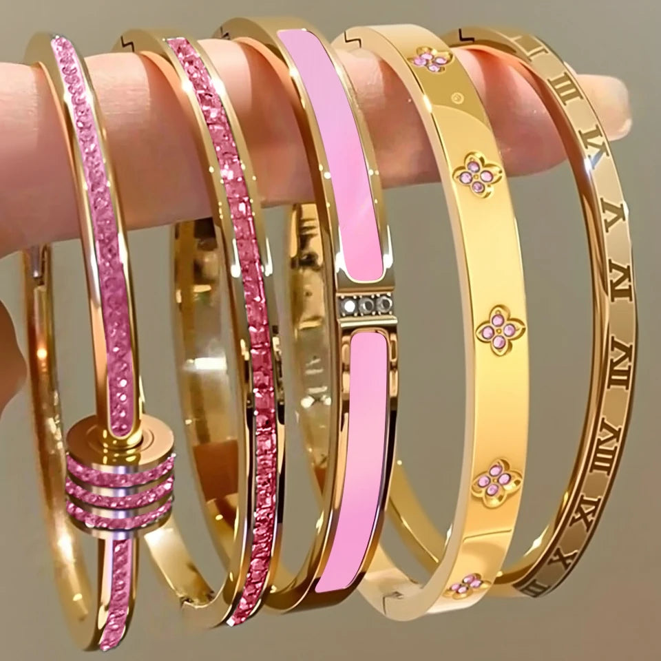 Sparkling Zirconia Stainless Steel Bracelet Set For Women