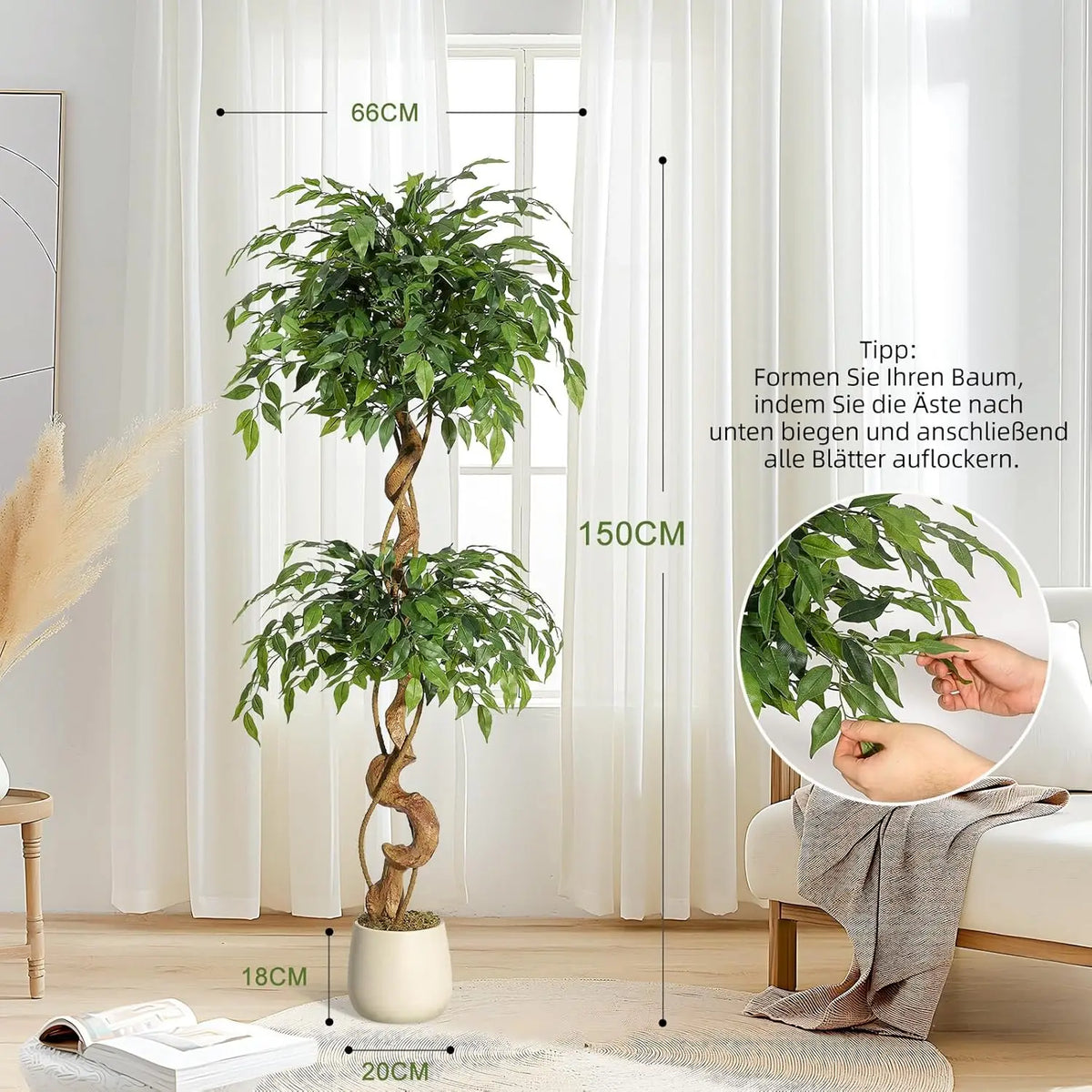 Artificial Ficus Tree With Planter Silk Leaves Weeping Fig Decor