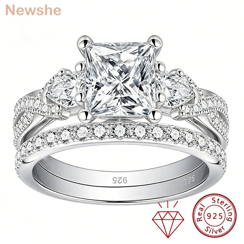 Newshe Sterling Silver Moissanite Wedding and Engagement Ring Set