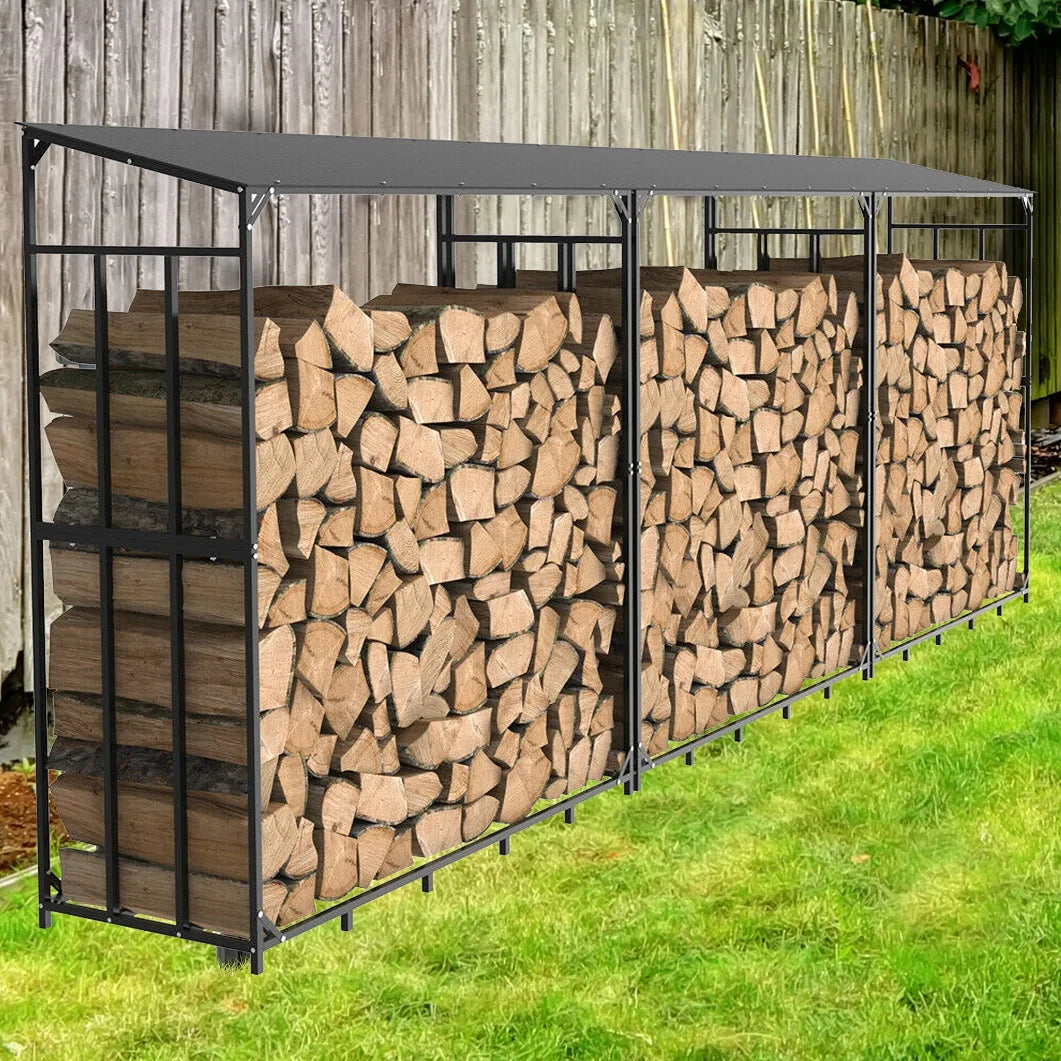 Metal Firewood Rack With Top Cover For Outdoor Wood Storage
