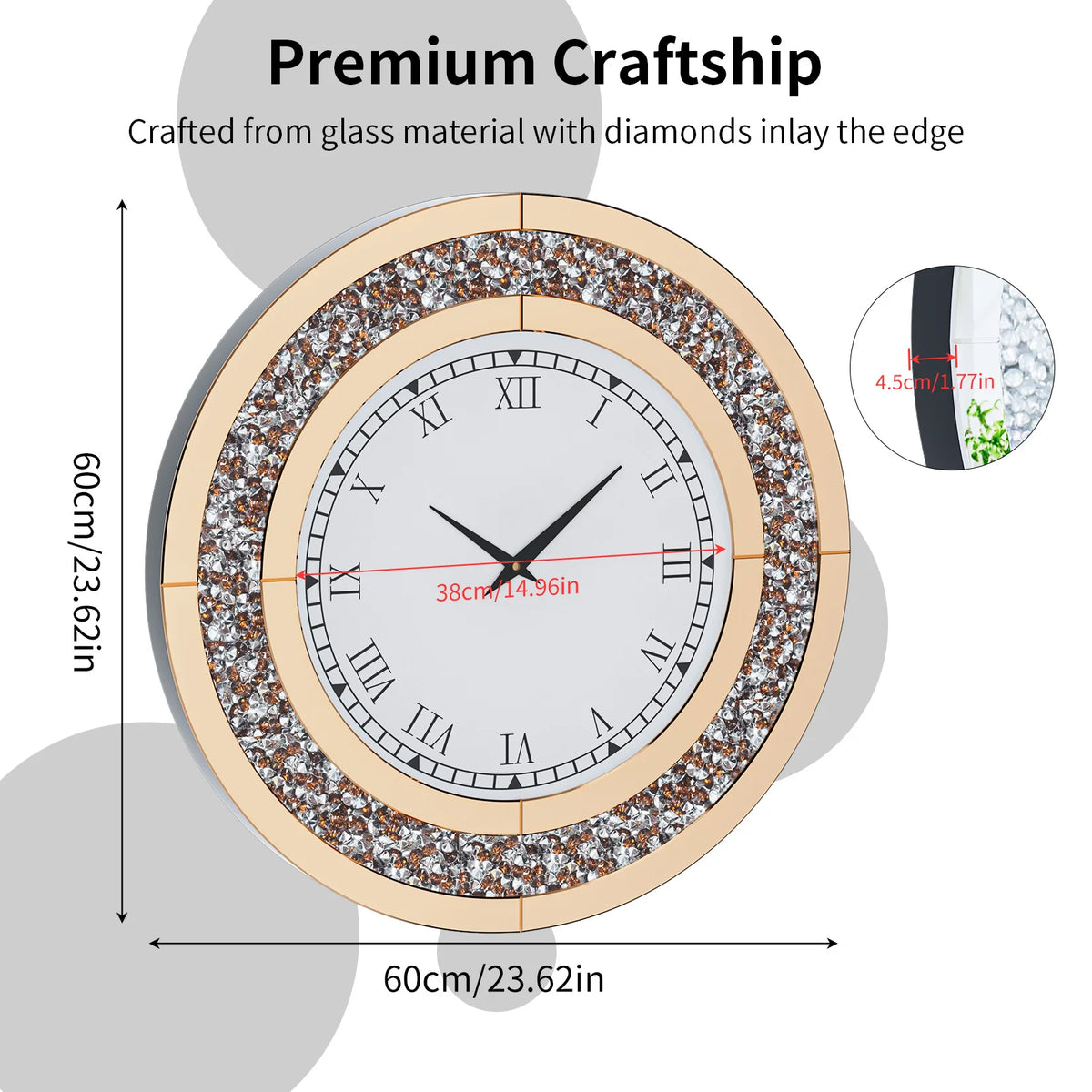 Crystal Diamond Mirror Wall Clock With Alarm Bedroom Home Decor