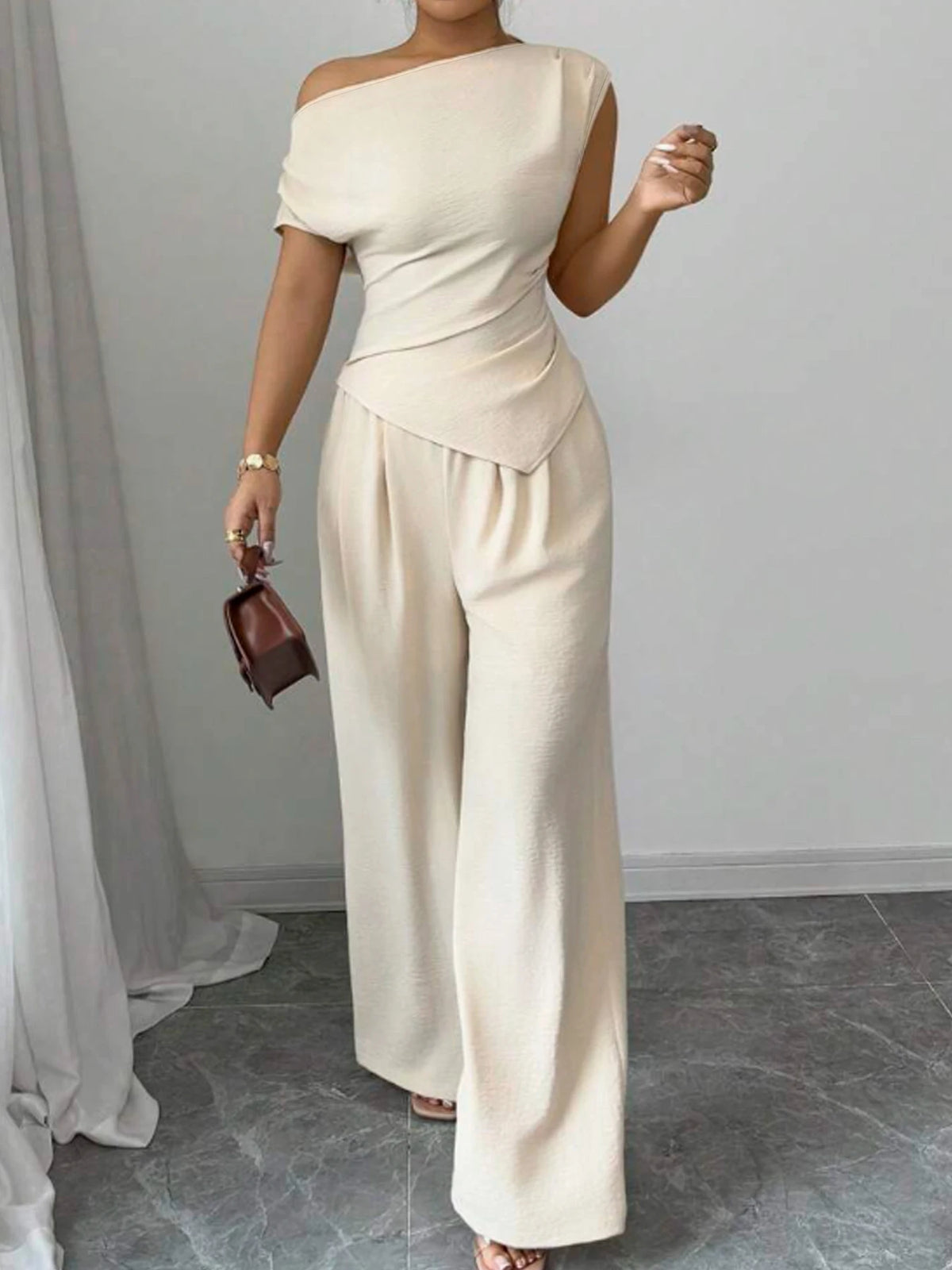 Casual Asymmetric Top And Wide Leg Pants Two Piece Set
