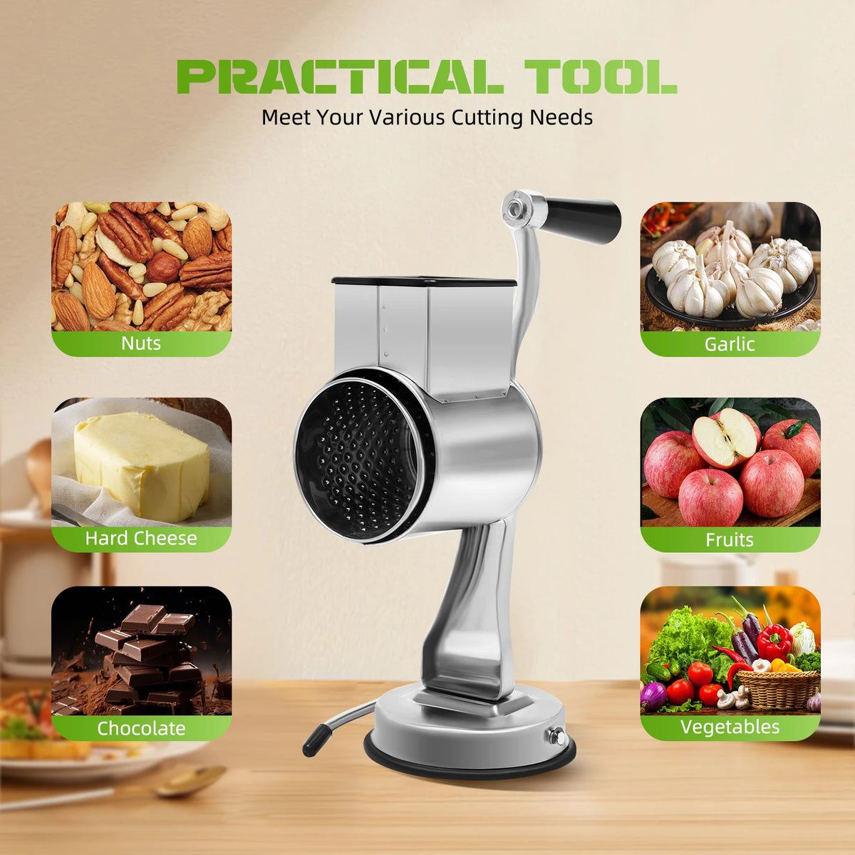 Stainless Steel Rotary Grater With 5 Blades Vegetable Cheese Slicer