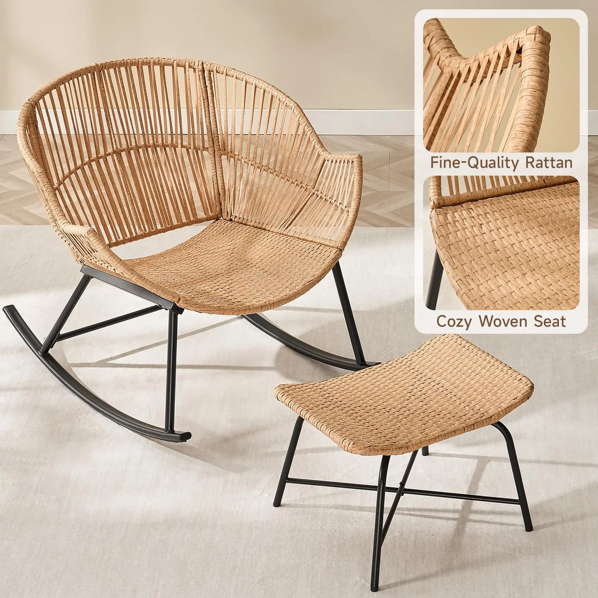 ONBRILL Rattan Papasan Rocking Chair And Ottoman Indoor Outdoor Lounge