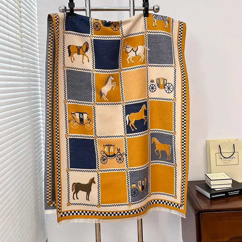Women's Horse Print Winter Poncho Scarf Shawl Wrap for Outdoor Wear