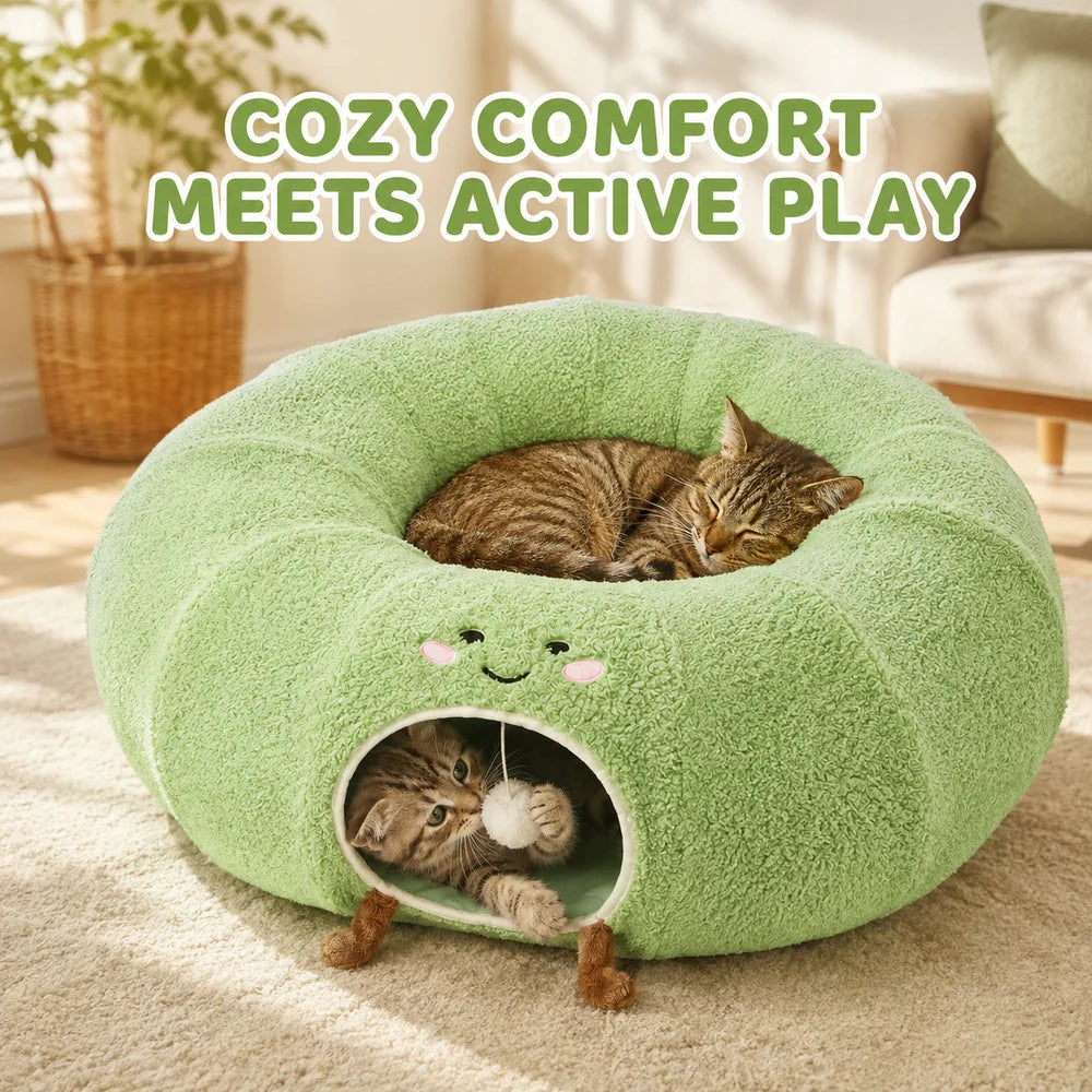 Convertible Cat Tunnel Bed With Plush Donut Cushion And Hideaway