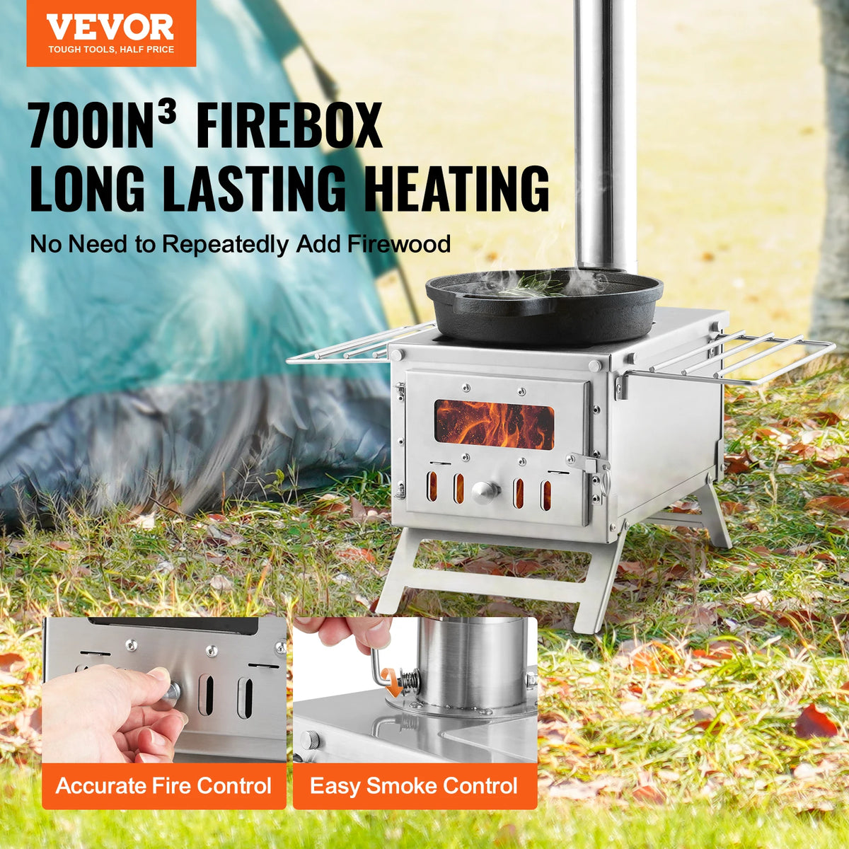 Portable Camping Wood Stove With Chimney Pipes And Protective Gloves