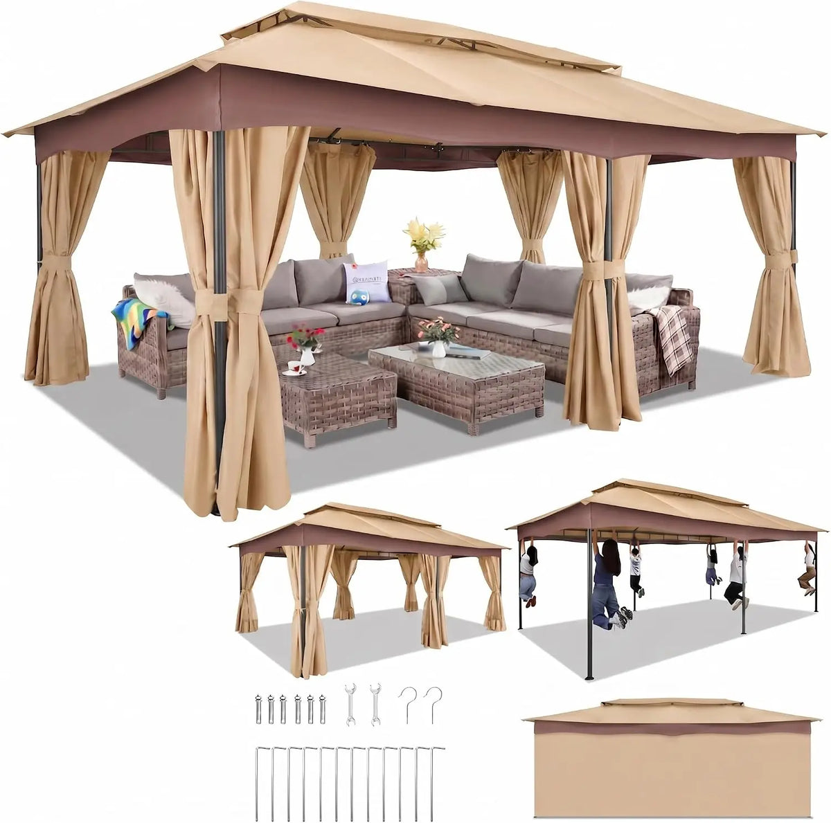 Tooluck Outdoor Gazebo with Curtains and Ventilated Double Roof Canopy