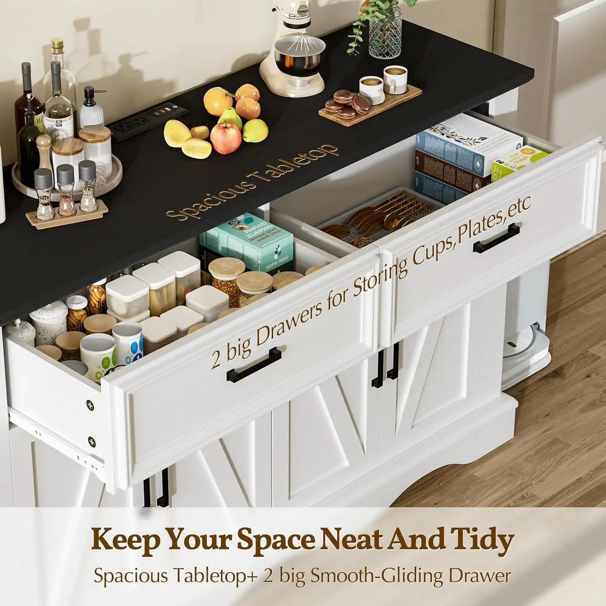 Modern Farmhouse Buffet Cabinet With Charging Station And Storage