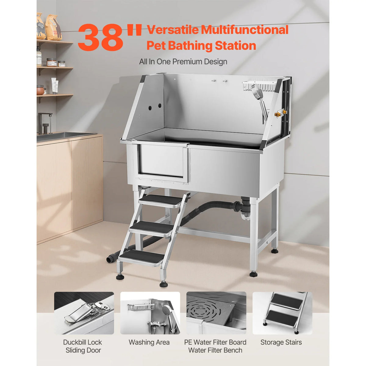 SucceBuy Stainless Steel Dog Grooming Tub With Stairs And Faucet