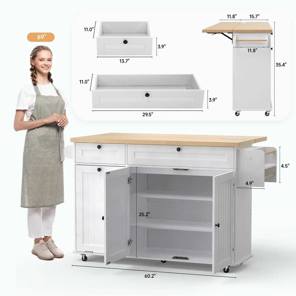 ONBRILL Rolling Kitchen Island Cart With Drop Leaf Power Outlet