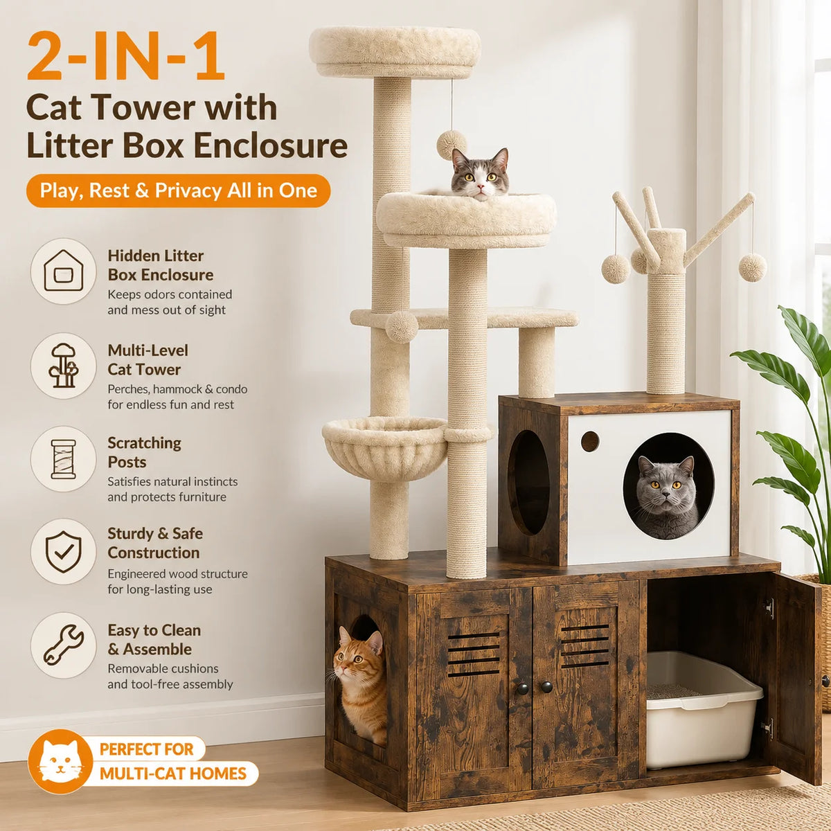 Modern Cat Tower With Hidden Litter Box And Scratching Posts