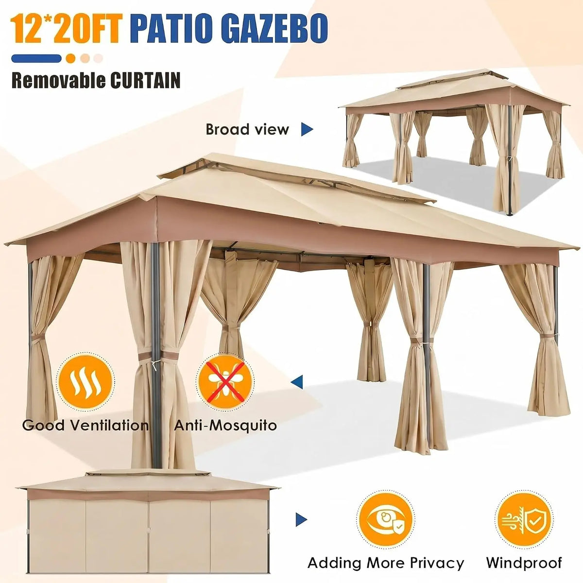 Tooluck Outdoor Gazebo with Curtains and Ventilated Double Roof Canopy