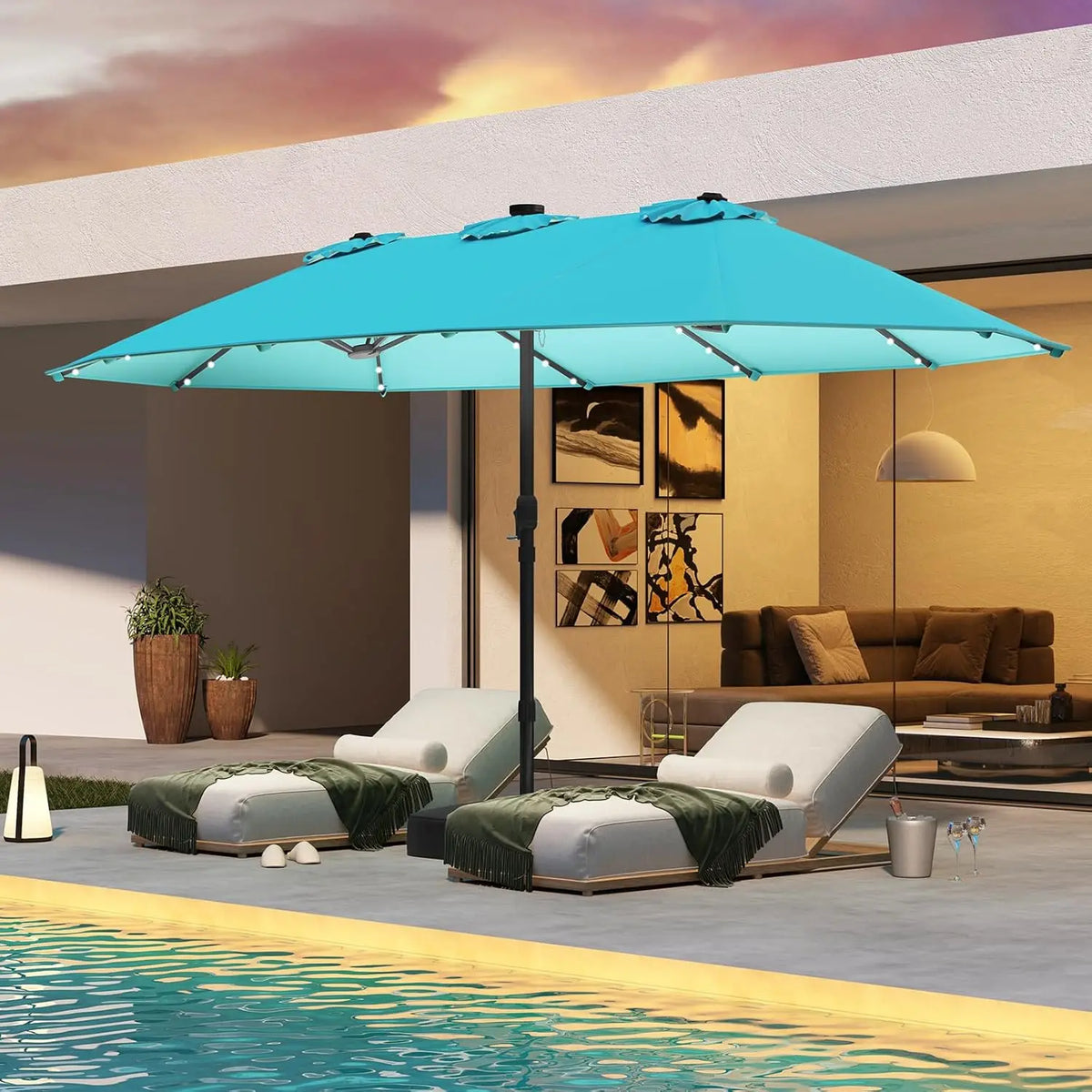 Double-Sided Solar Patio Umbrella With LED Lights And Vented Top