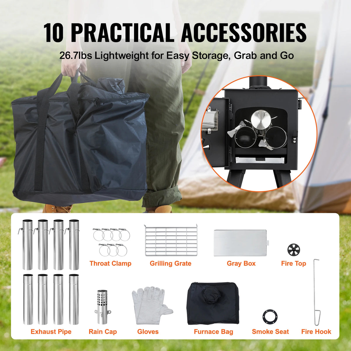 SucceBuy Portable Wood Burning Camping Tent Stove With Chimney