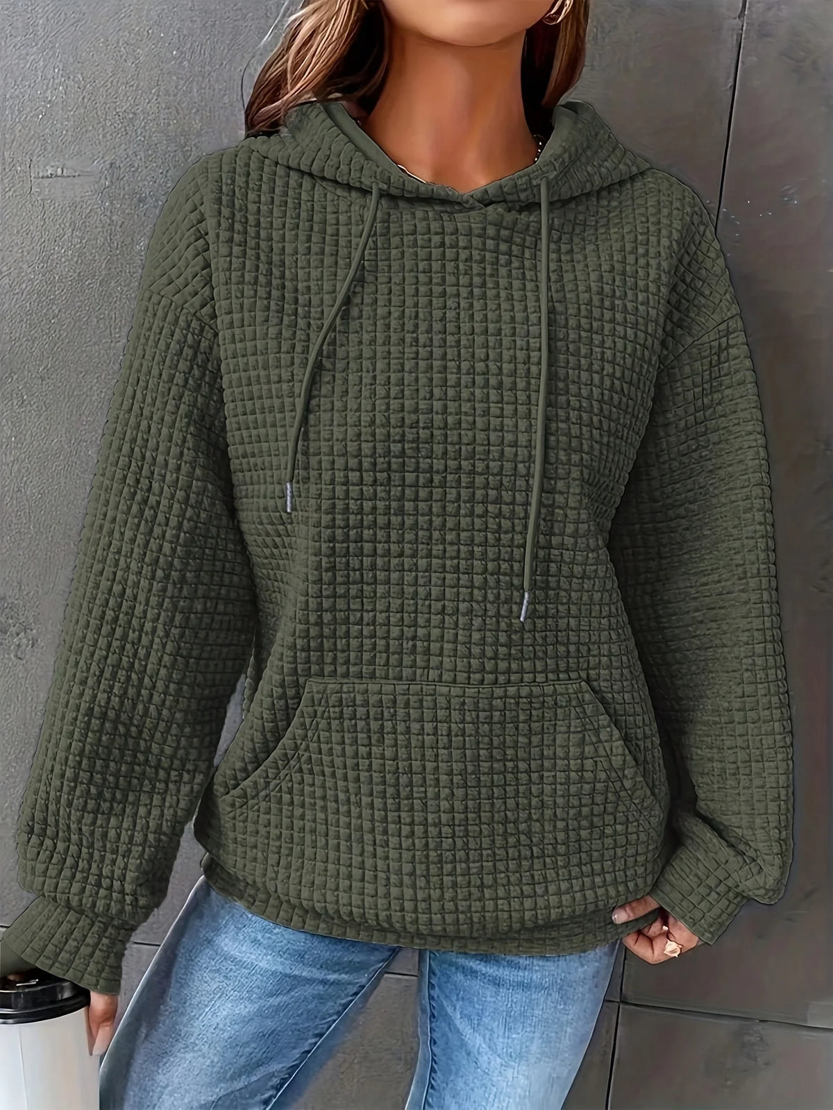 Women's Waffle Knit Pullover Hoodie With Kangaroo Pocket