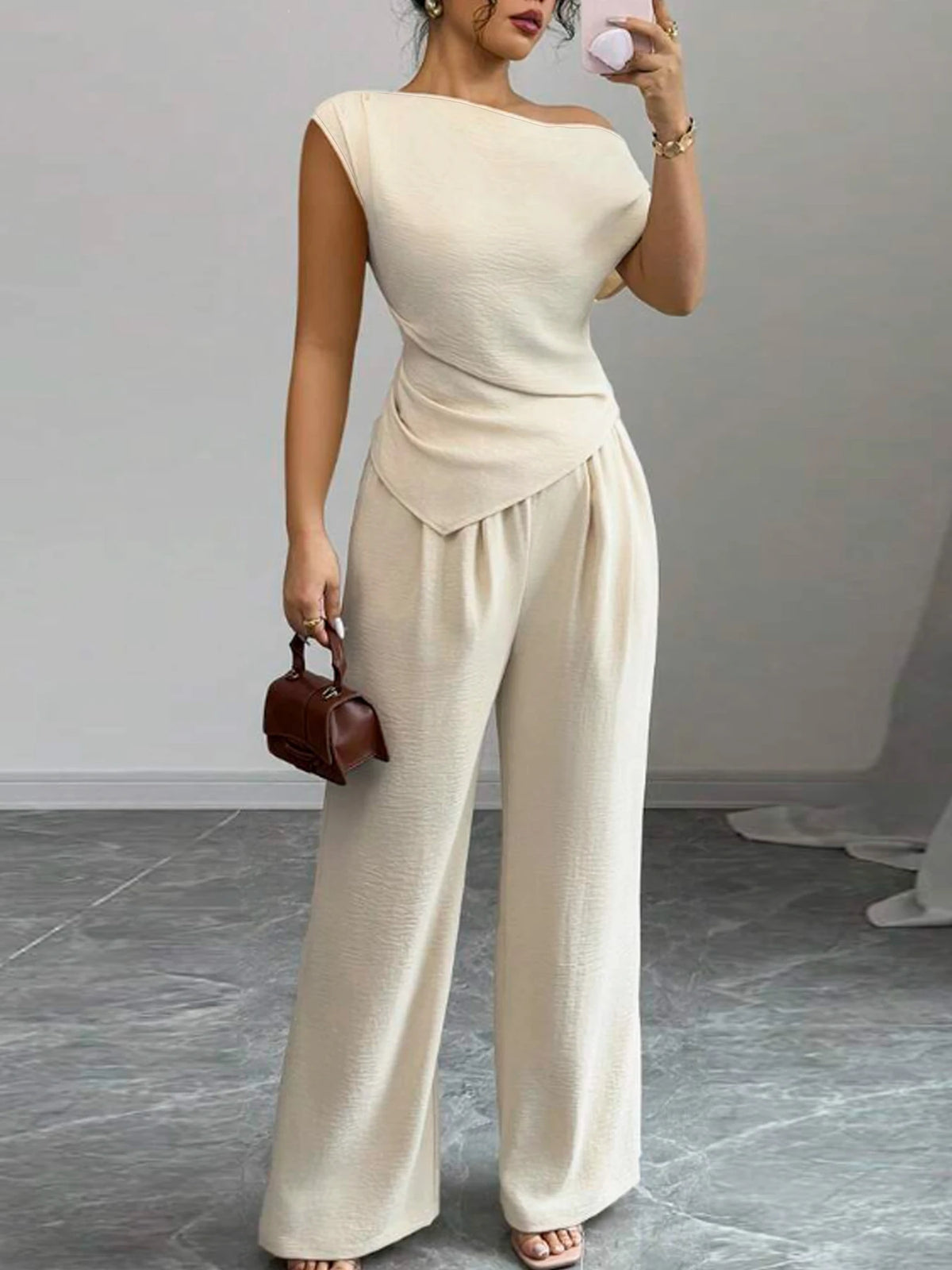 Casual Asymmetric Top And Wide Leg Pants Two Piece Set