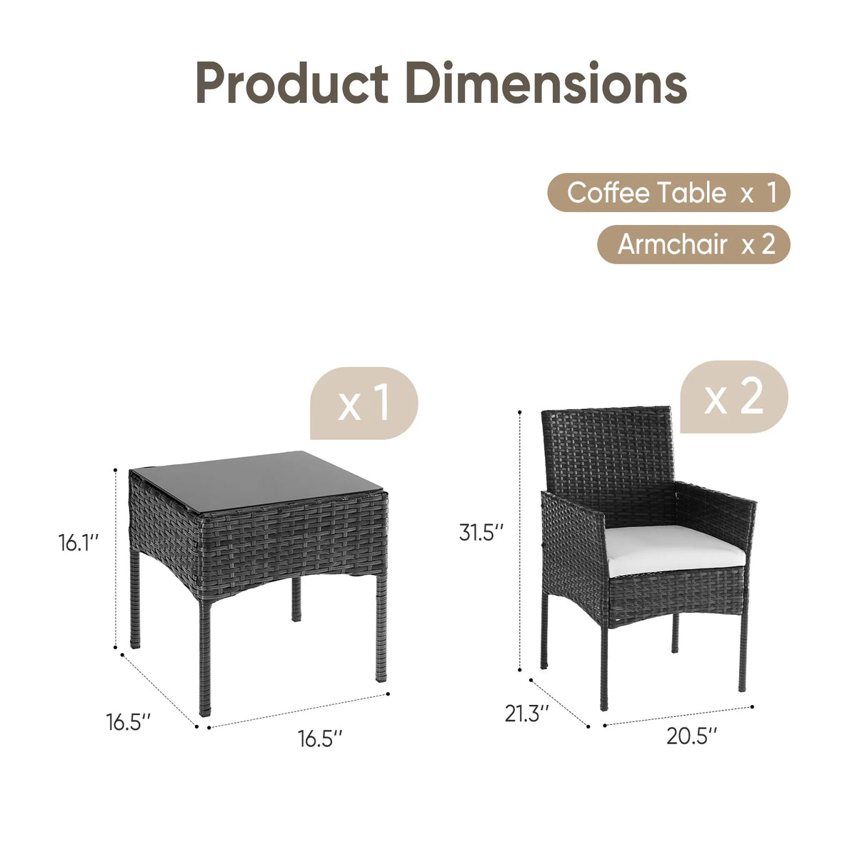 JHK Wicker Patio Bistro Set With Cushions And Glass Table
