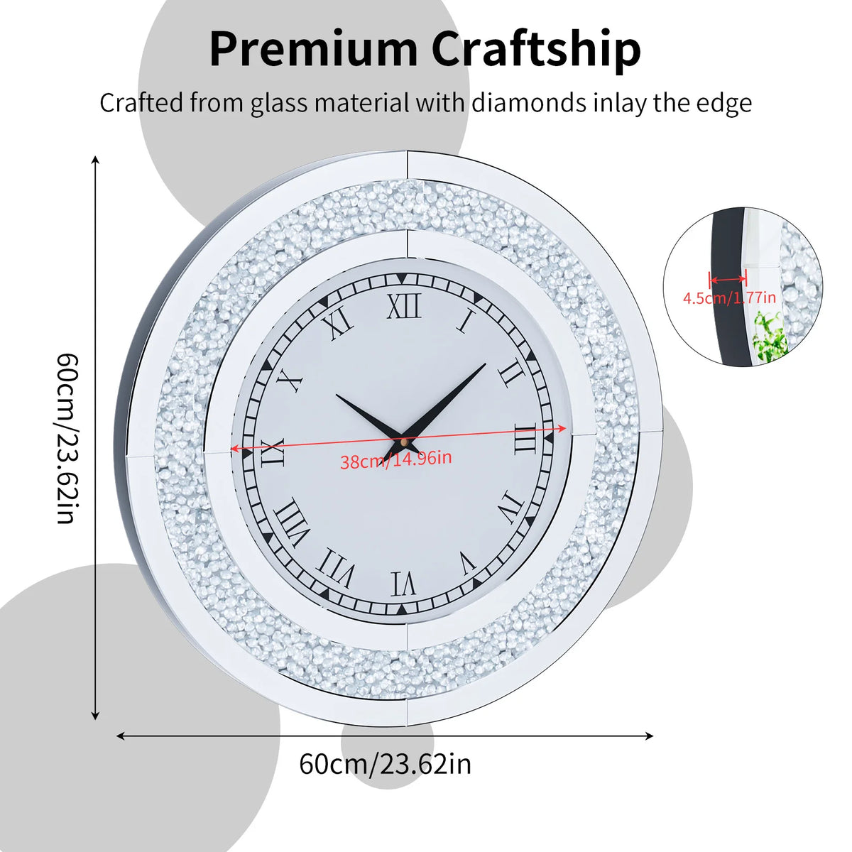 Crystal Diamond Mirror Wall Clock With Alarm Bedroom Home Decor