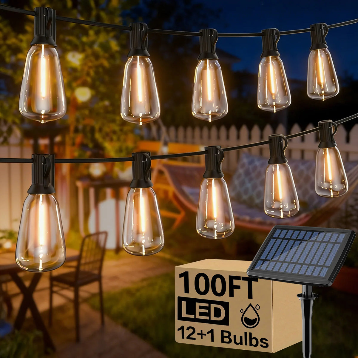 Solar Powered Outdoor String Lights With Warm White LED Bulbs